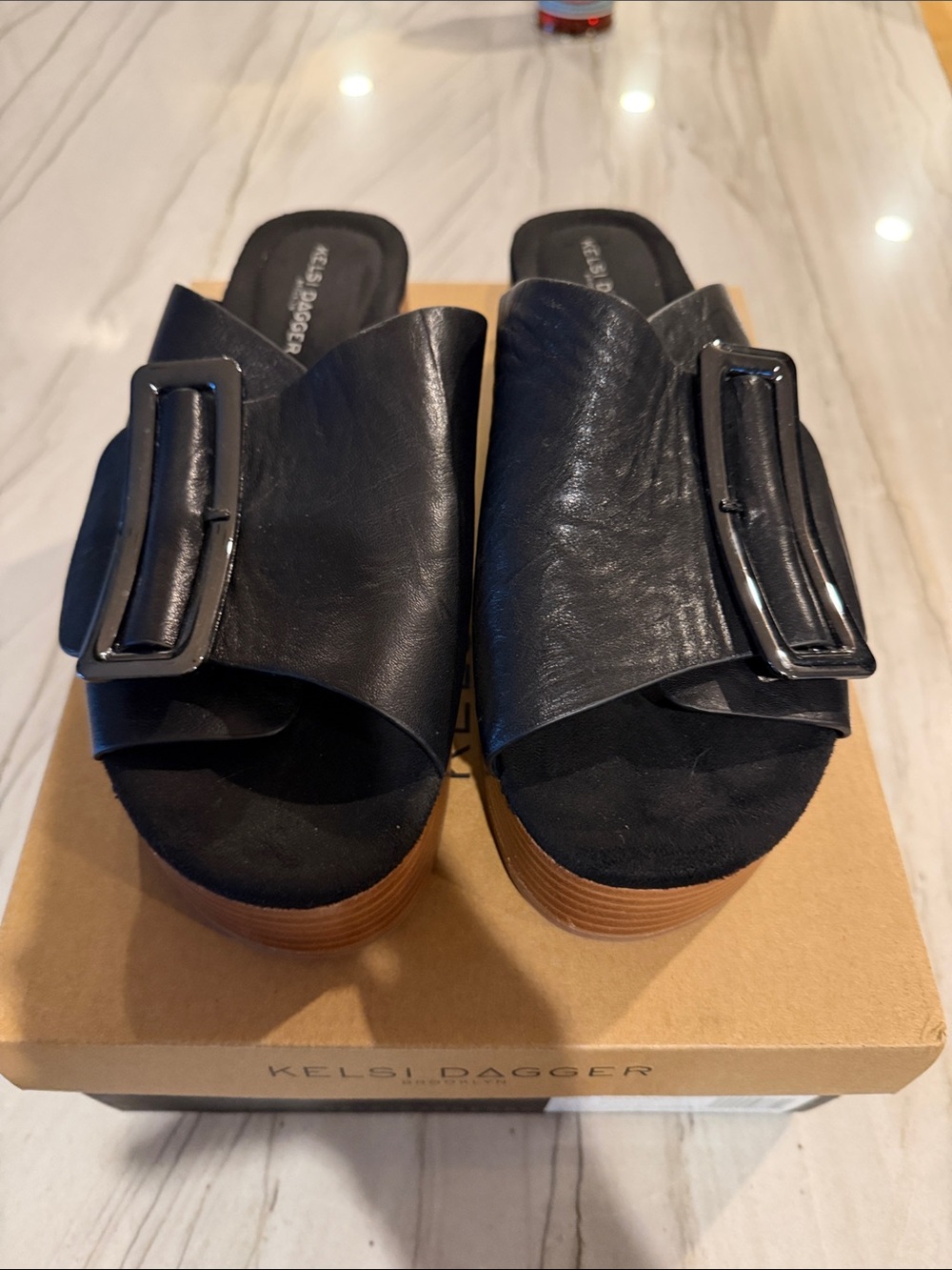 Kelsi Dagger Black Leather Buckle Platform Slide Mules Brooklyn Dover